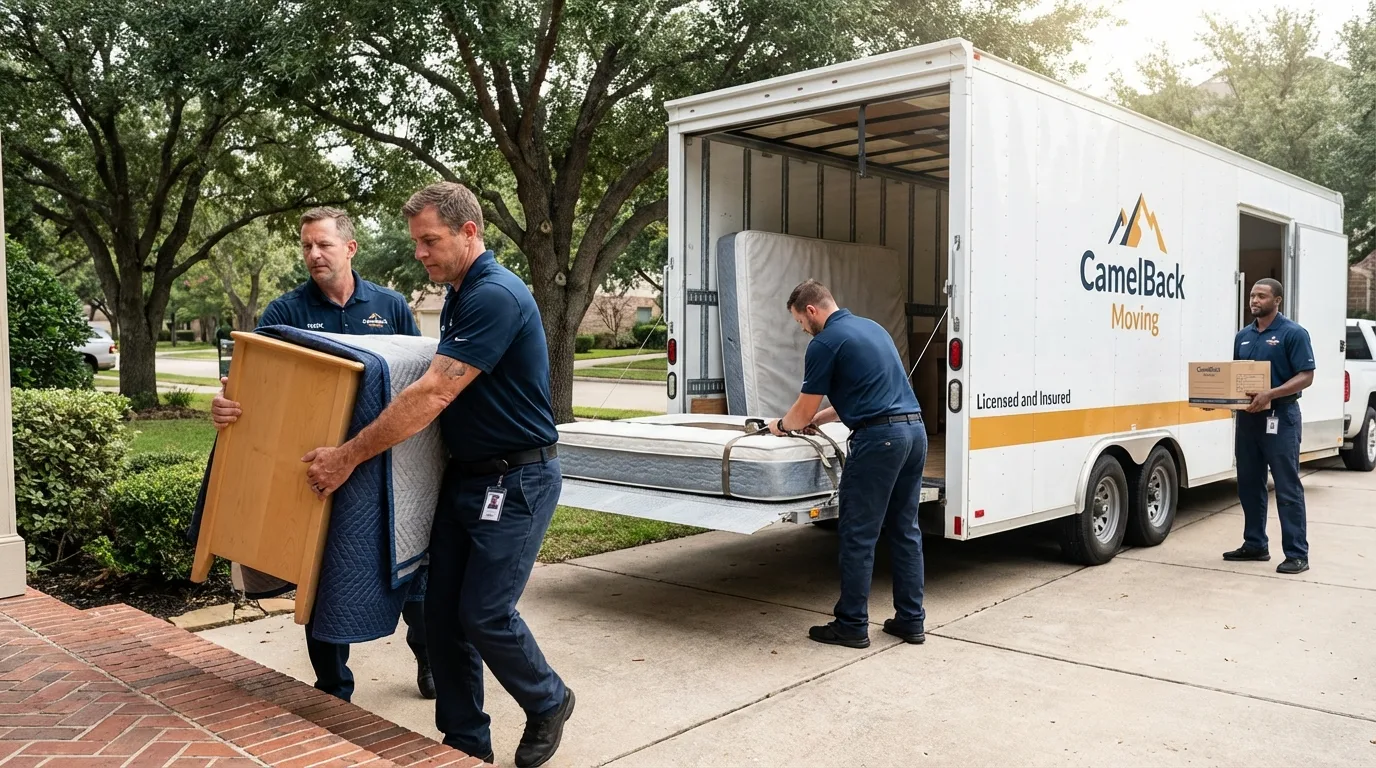 Crew loading residential truck for cross-state move from Manson, IA