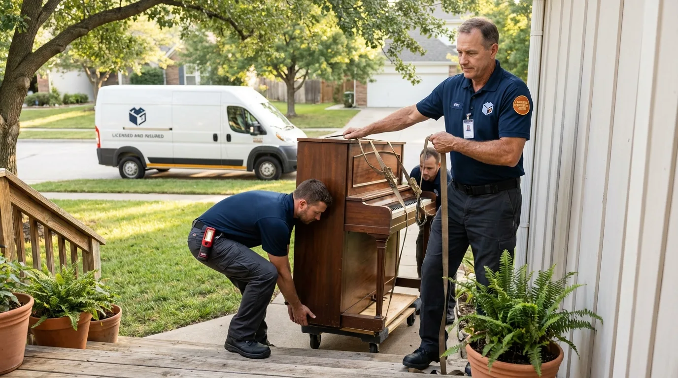 Licensed piano movers securing grand piano in Manson, IA