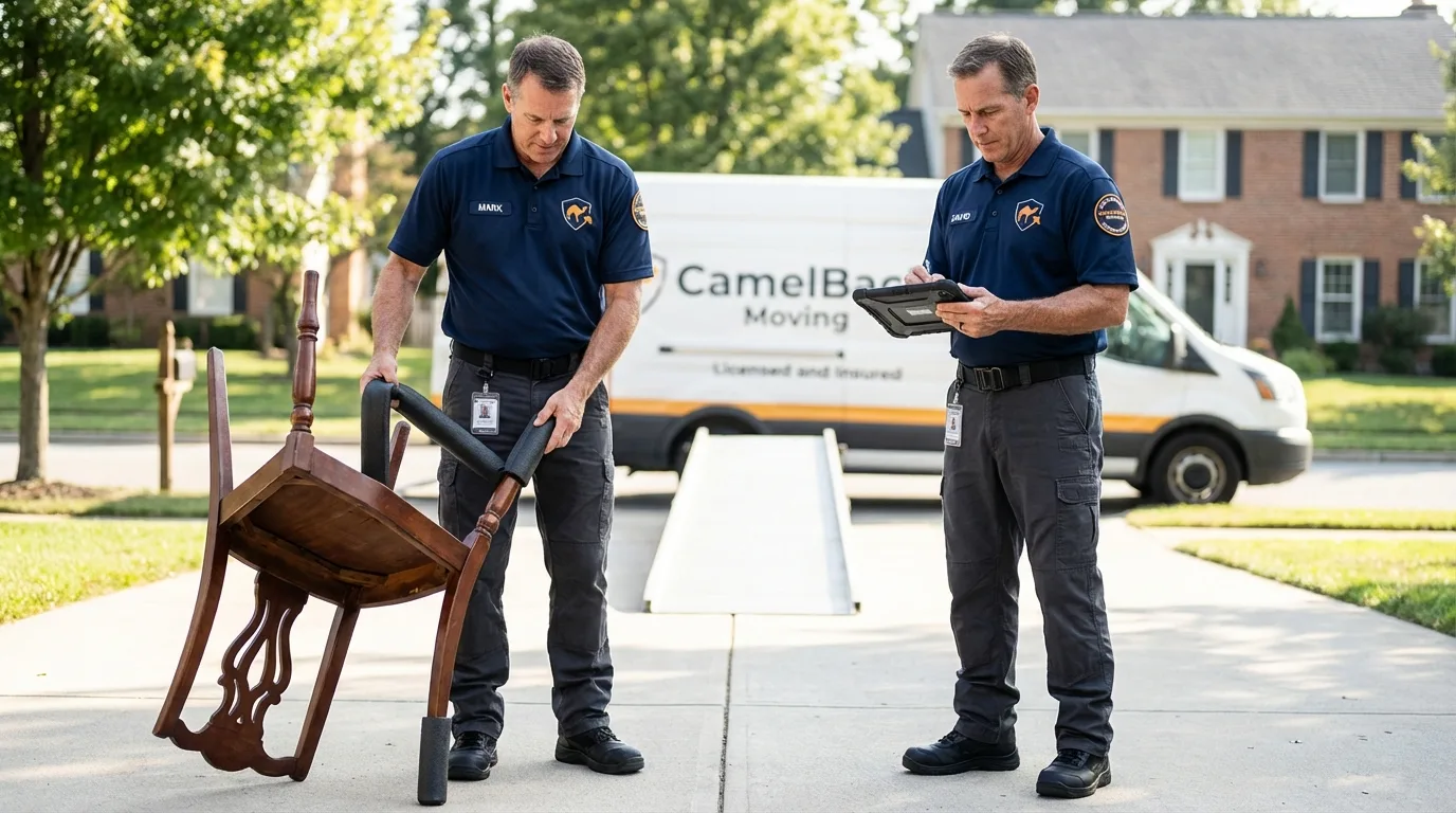 Movers inspecting furniture for damage prevention before loading in Manson, IA