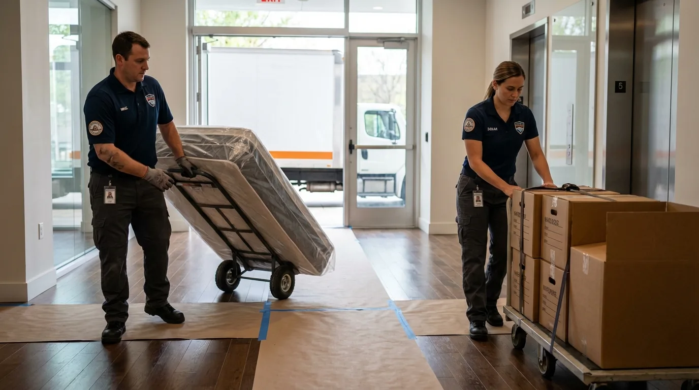 Professional apartment movers loading elevator in Manson, IA