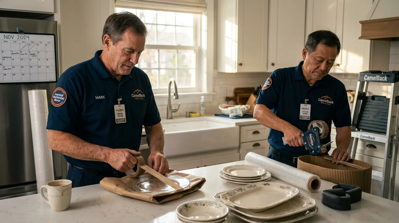Professional crew packing kitchen dishware in Manson, IA